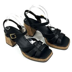 Paul Green Tina Black Leather Cork Heel Sandals Women's US 9 UK 6.5 Slingback